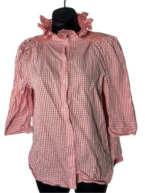 Kate Mchale Jensen women’s gingham ruffle button up blouse preppy polished chic
